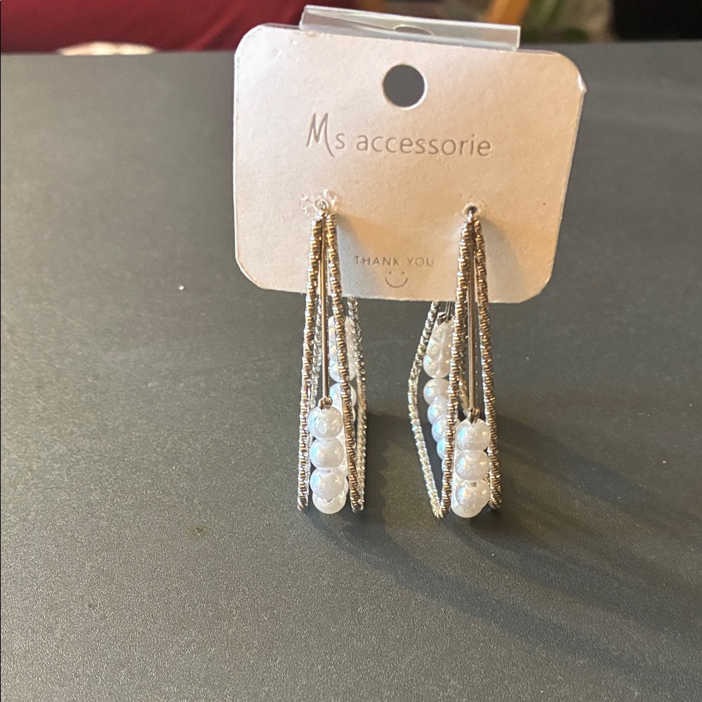 Silver and White Beaded Earrings